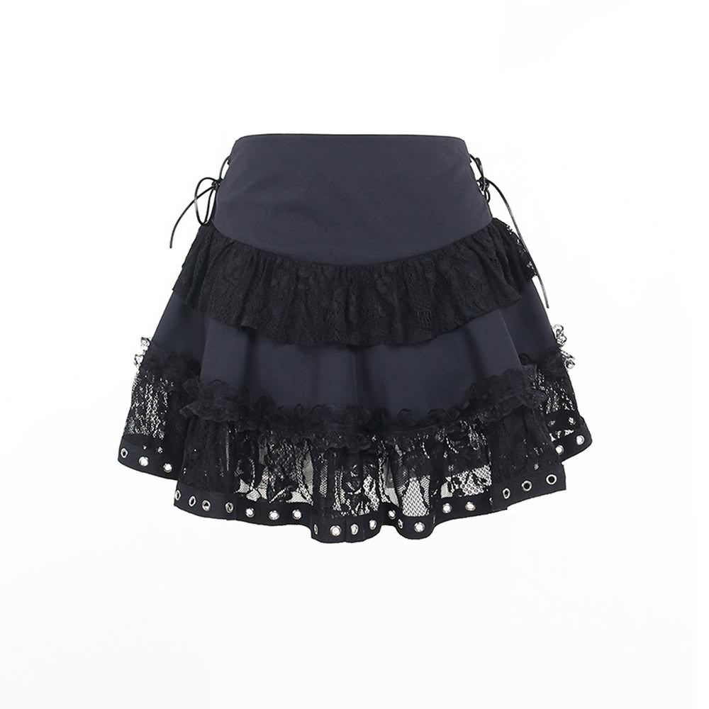 Gothic Punk Lace Mesh Ruffle Tiered Skirt