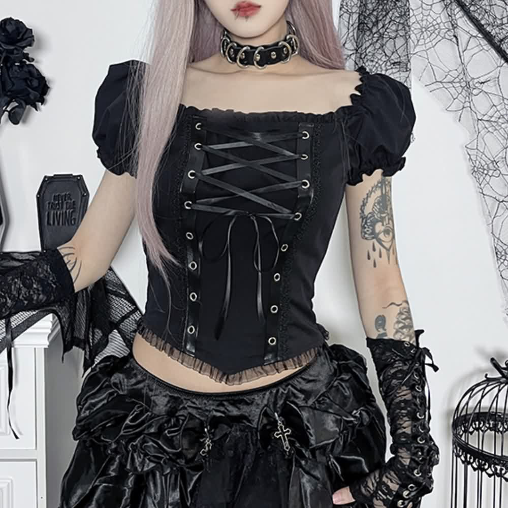 Gothic Punk Lace Up Puff Sleeve Crop Top