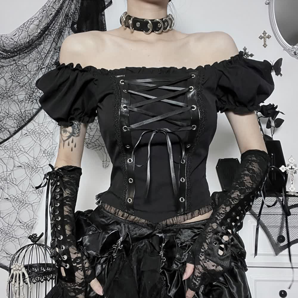 Gothic Punk Lace Up Puff Sleeve Crop Top