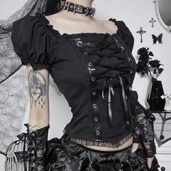 Gothic Punk Lace Up Puff Sleeve Crop Top