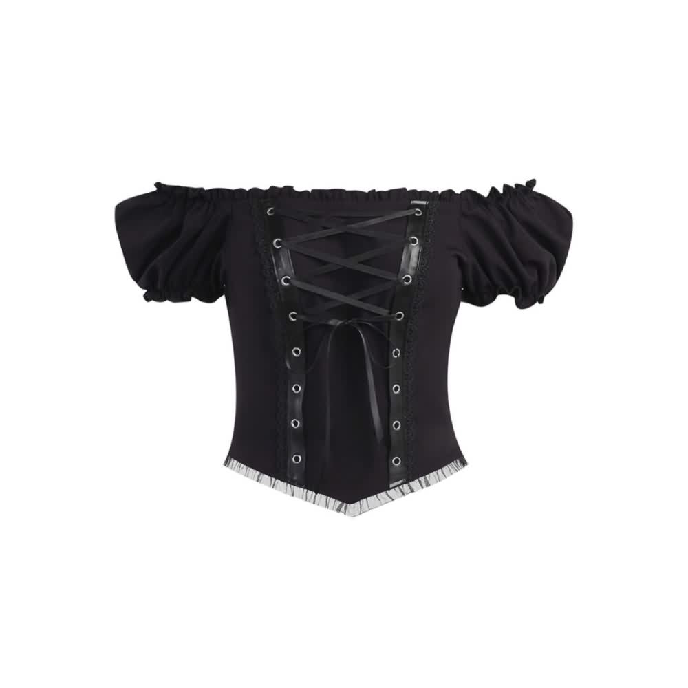 Gothic Punk Lace Up Puff Sleeve Crop Top