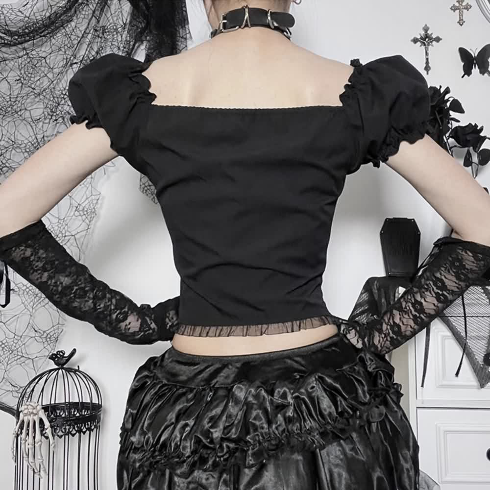 Gothic Punk Lace Up Puff Sleeve Crop Top