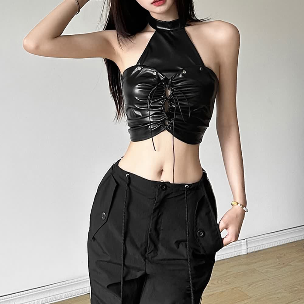 Gothic Punk Leather Ruched Halter Crop Top