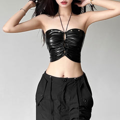 Gothic Punk Leather Ruched Halter Crop Top