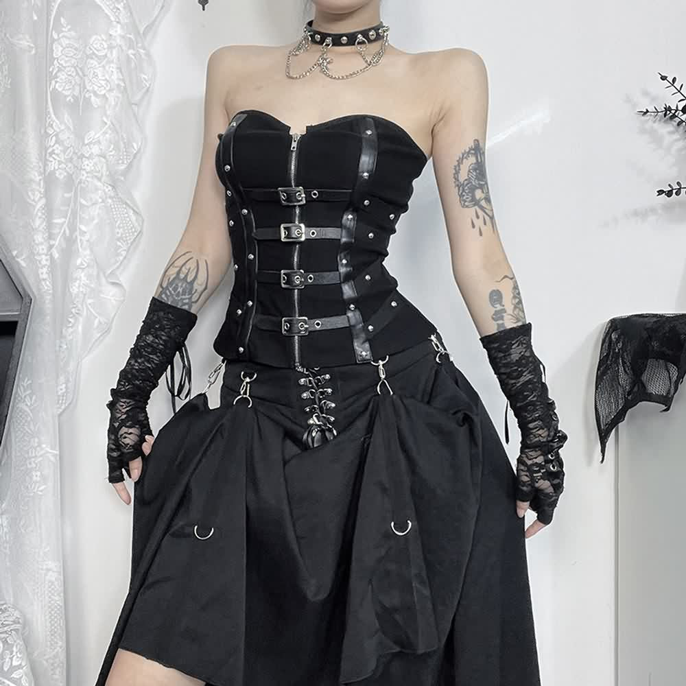 Gothic Punk Tube Top mit Lederriemen