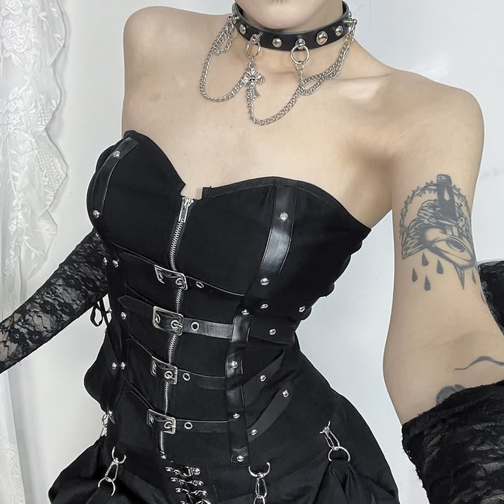 Gothic Punk Tube Top mit Lederriemen