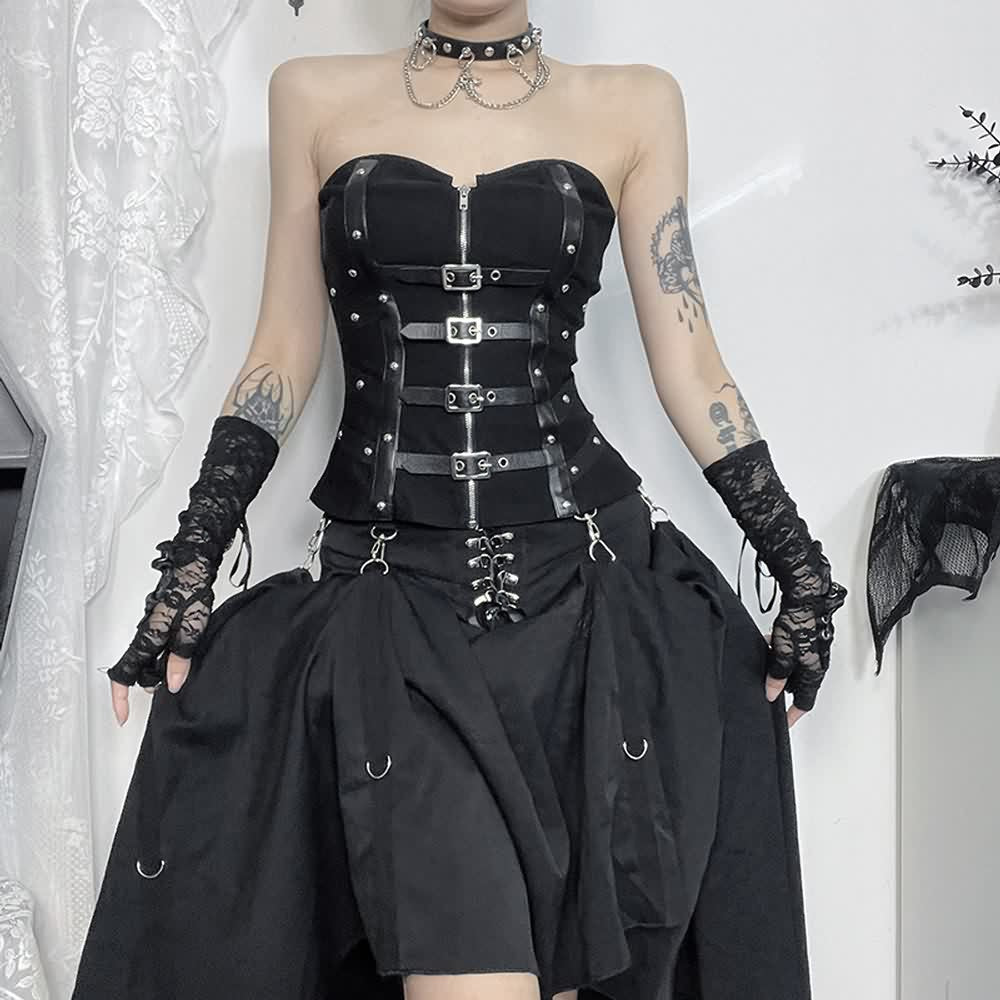 Gothic Punk Tube Top mit Lederriemen
