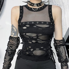 Gothic Punk Mesh Distressed Crop Tank Top