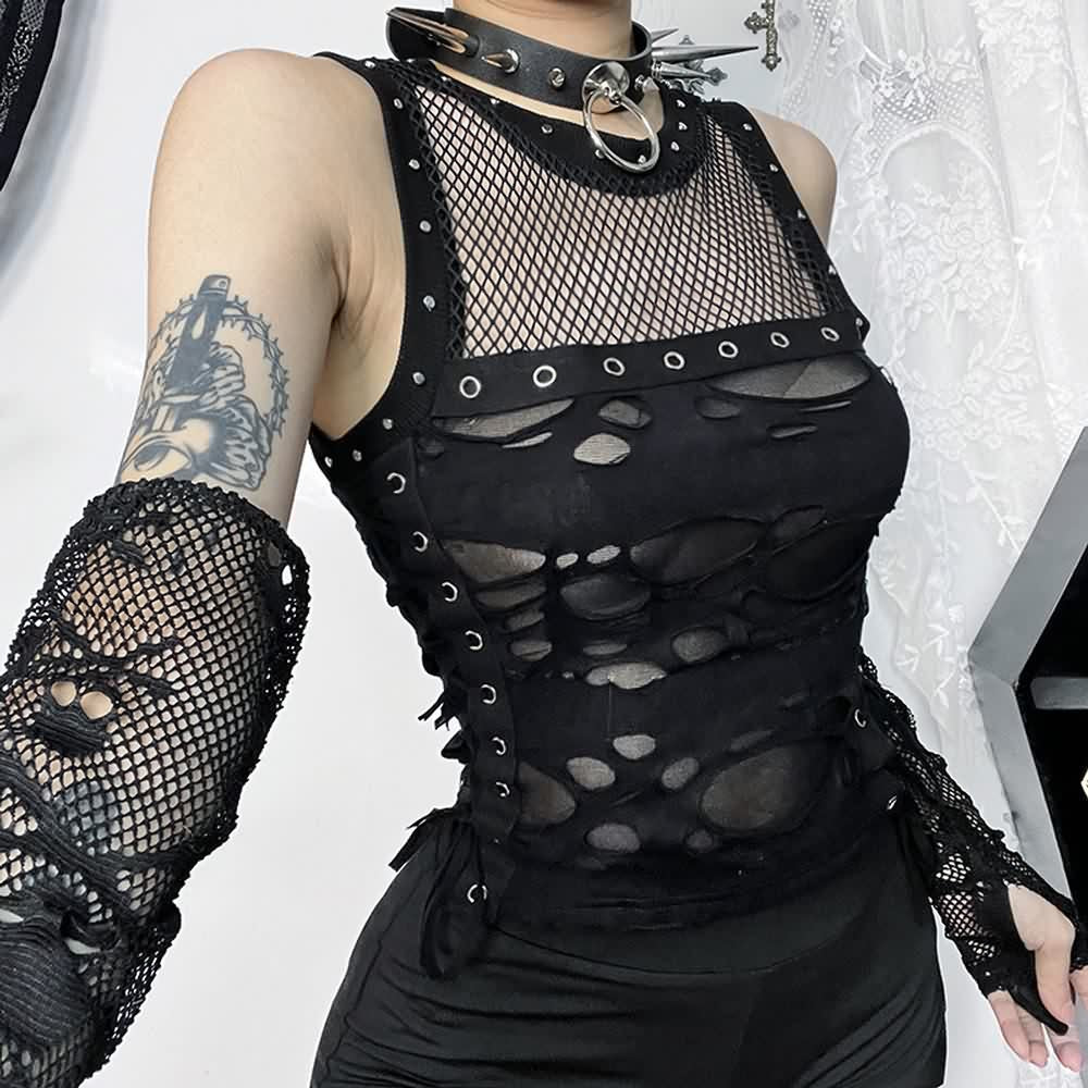 Gothic Punk Mesh Distressed Crop Tank Top