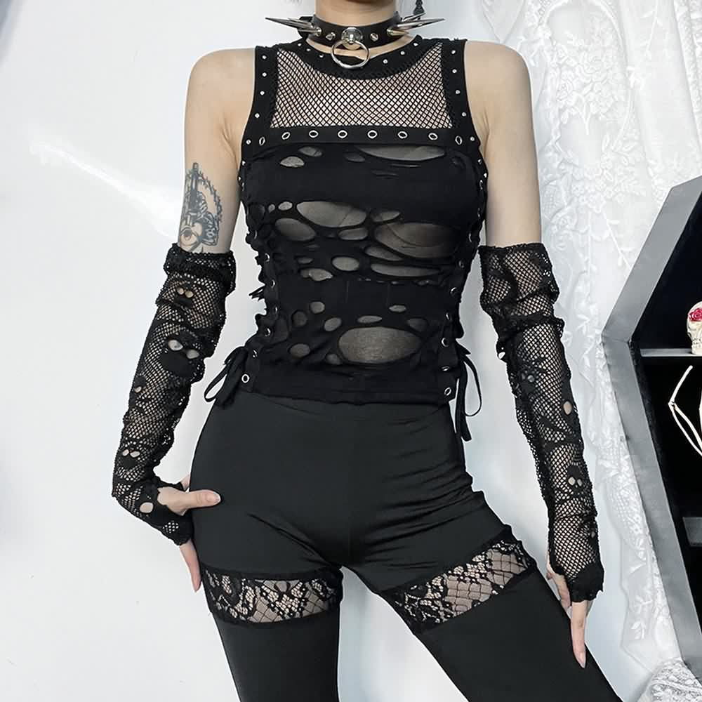 Gothic Punk Mesh Distressed Crop Tank Top