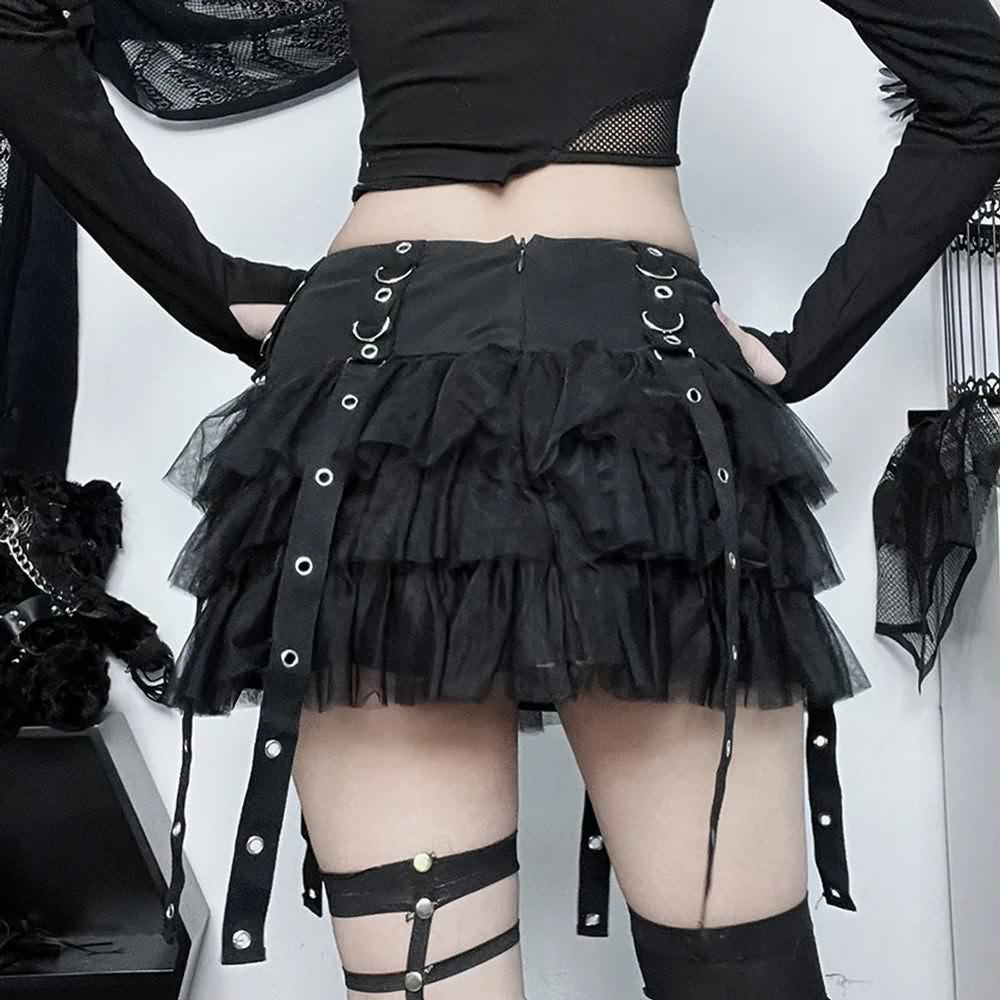 Gothic Punk Mesh Tiered Ruffle Mini Skirt