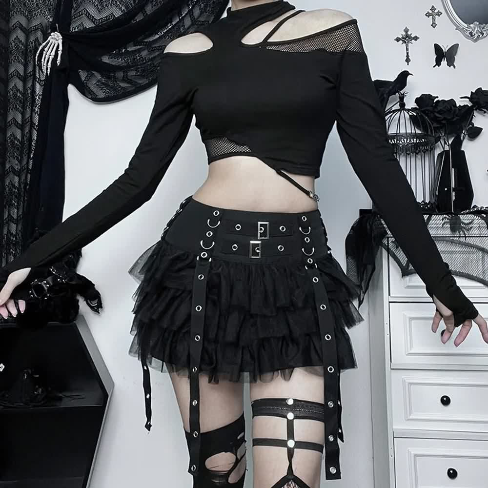 Gothic Punk Mesh Tiered Ruffle Mini Skirt