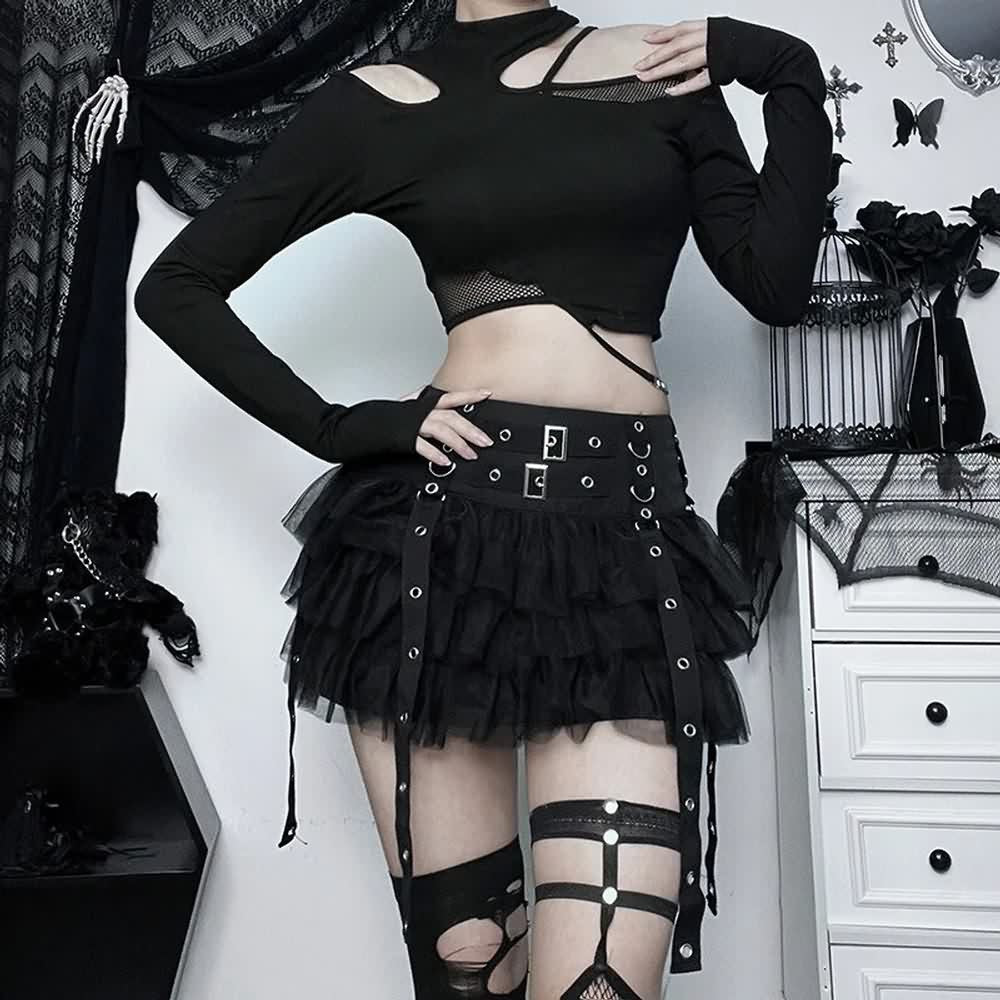 Gothic Punk Mesh Tiered Ruffle Mini Skirt