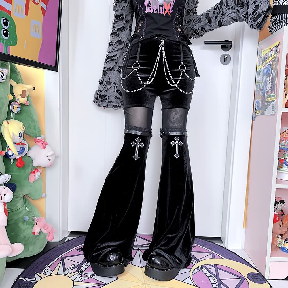 Gothic Punk Mesh Velvet Flare Pants