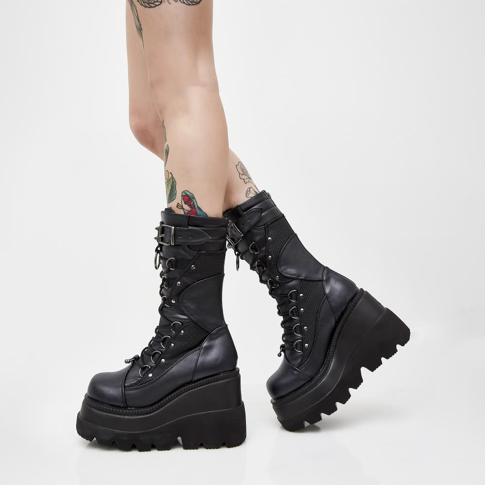 Gothic Punk Mid Calf Platform Wedge Boots