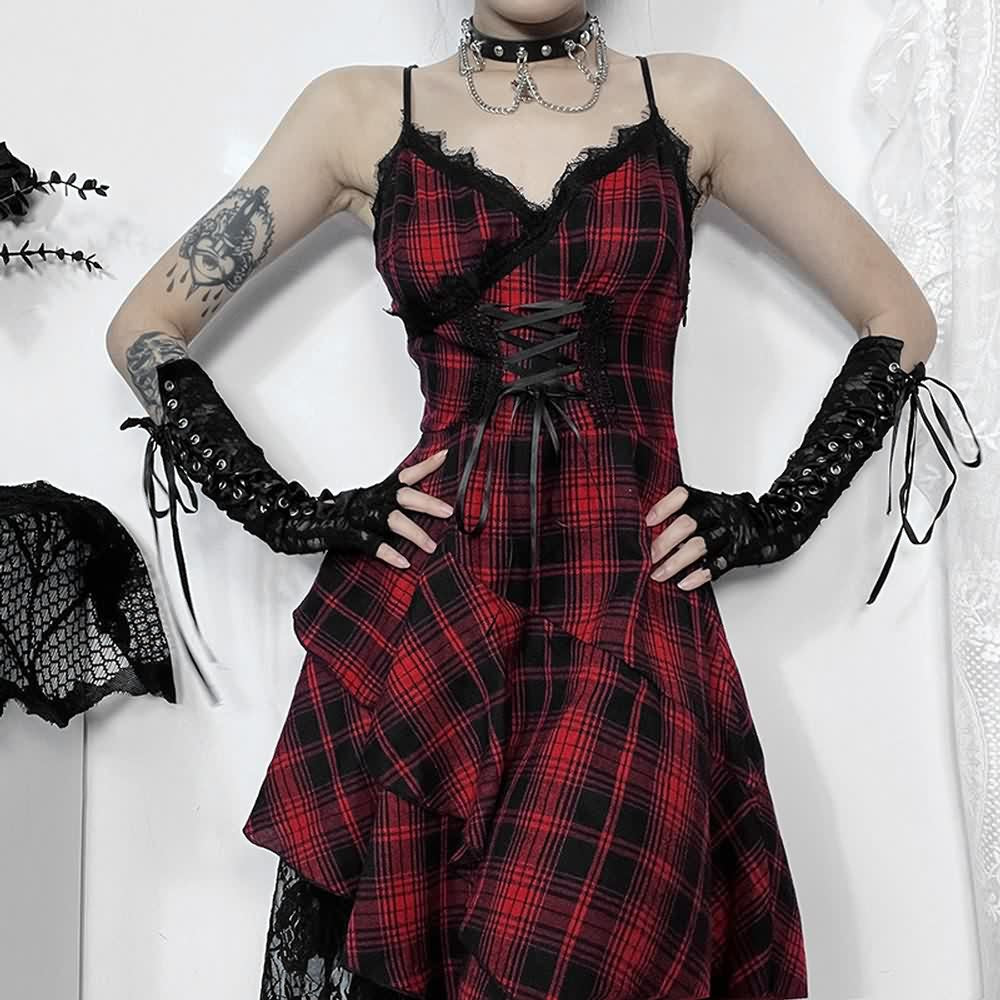Gothic Punk Kariertes asymmetrisches Kleid