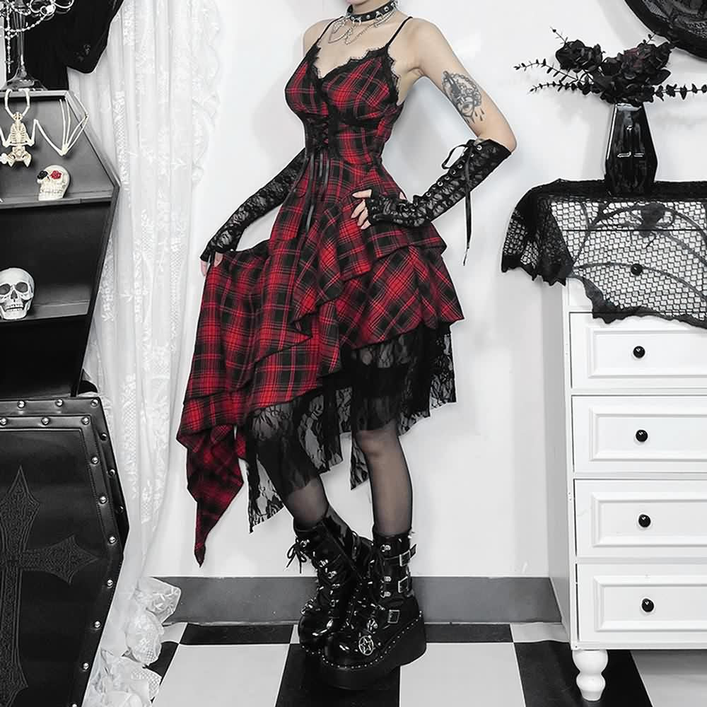 Gothic Punk Kariertes asymmetrisches Kleid