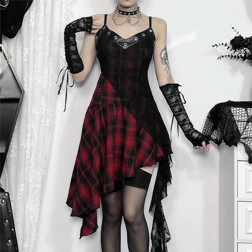 Gothic Punk Kariertes Asymmetrisches Spitzenkleid