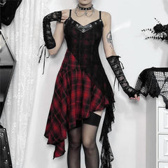 Gothic Punk Kariertes Asymmetrisches Spitzenkleid