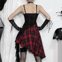 Gothic Punk Kariertes Asymmetrisches Spitzenkleid