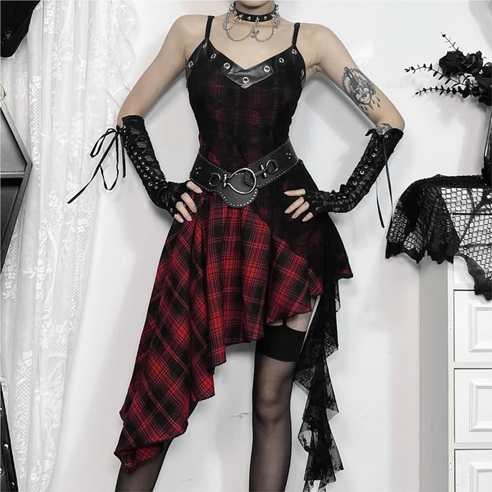 Gothic Punk Kariertes Asymmetrisches Spitzenkleid