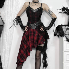 Gothic Punk Kariertes Asymmetrisches Spitzenkleid