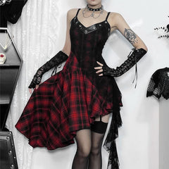 Gothic Punk Kariertes Asymmetrisches Spitzenkleid