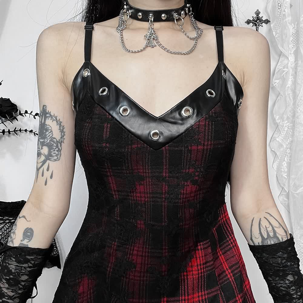 Gothic Punk Kariertes Asymmetrisches Spitzenkleid