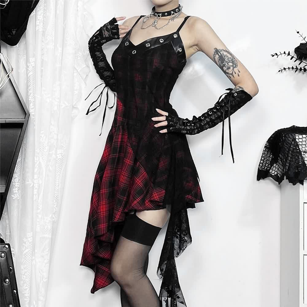 Gothic Punk Kariertes Asymmetrisches Spitzenkleid
