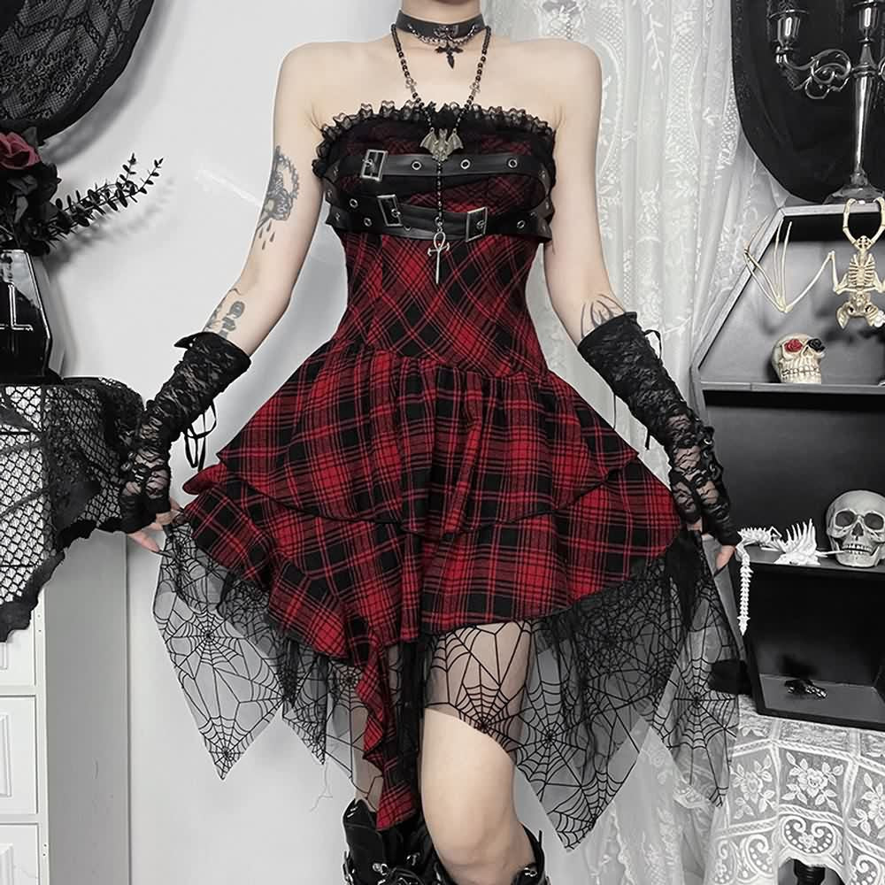 Gothic Punk Kariertes Schulterfreies Kleid