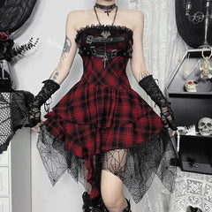 Gothic Punk Kariertes Schulterfreies Kleid