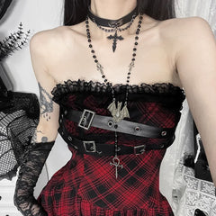 Gothic Punk Kariertes Schulterfreies Kleid