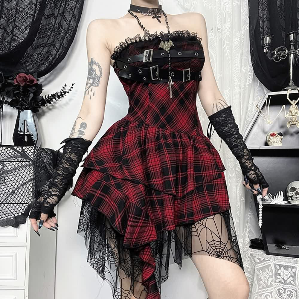 Gothic Punk Kariertes Schulterfreies Kleid