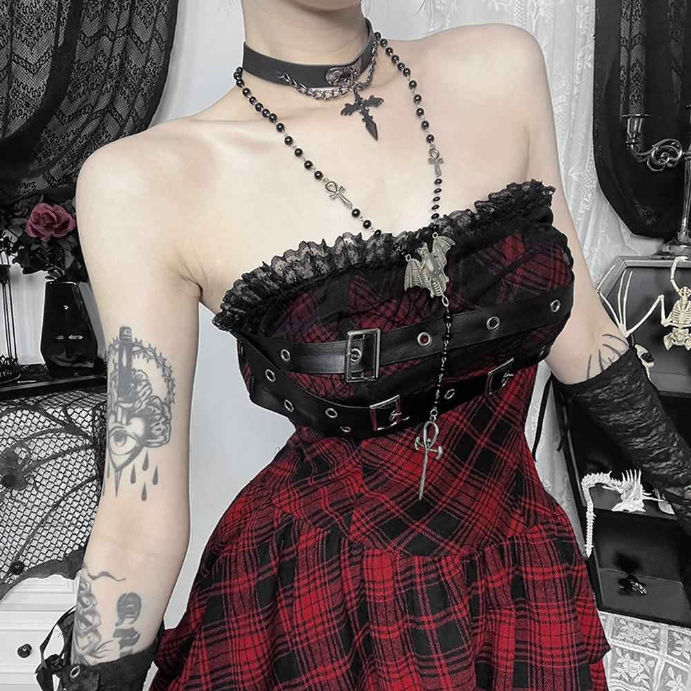 Gothic Punk Kariertes Schulterfreies Kleid