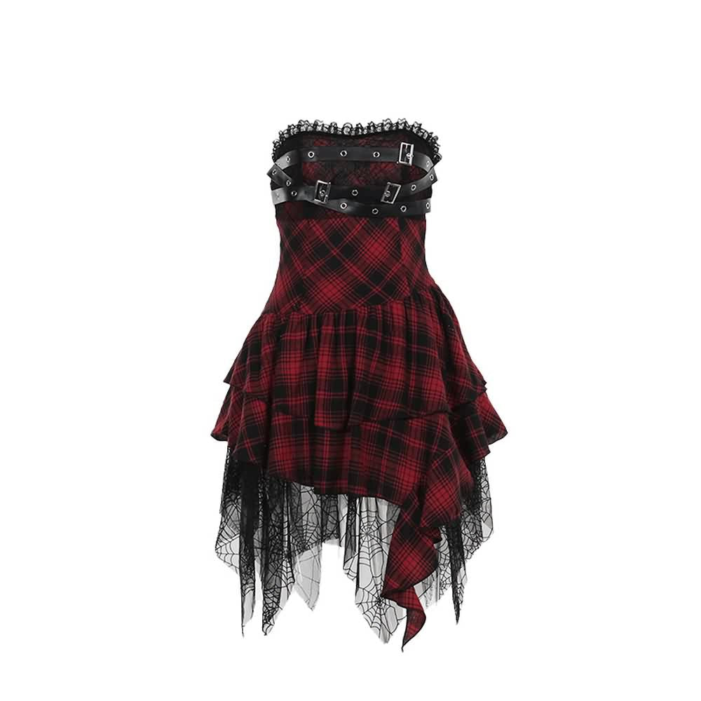 Gothic Punk Kariertes Schulterfreies Kleid