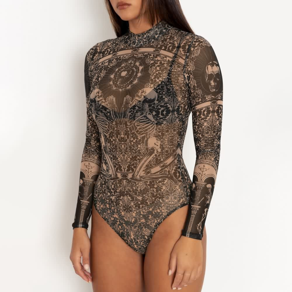 Gothic Sheer High Neck Long Sleeve Bodysuit