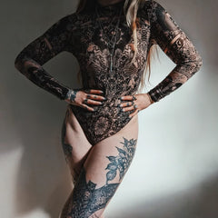 Gothic Sheer High Neck Long Sleeve Bodysuit