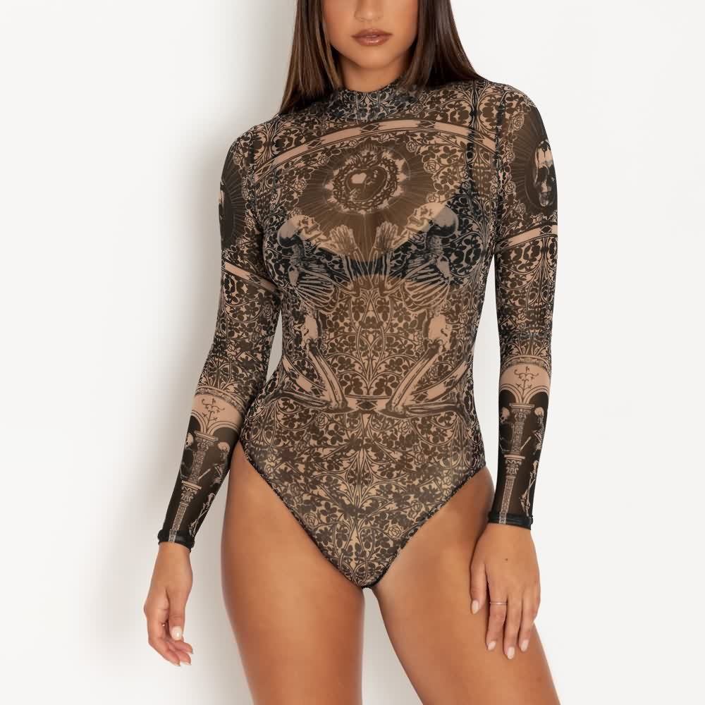 Gothic Sheer High Neck Long Sleeve Bodysuit