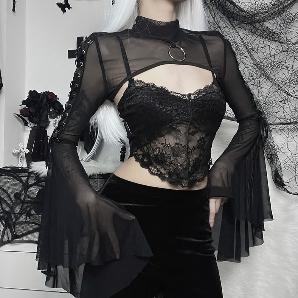 Gothic Sheer Mesh Bell Sleeves Shrug Top