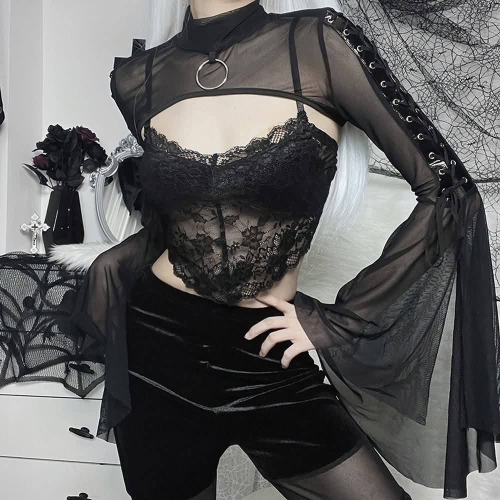 Gothic Sheer Mesh Bell Sleeves Shrug Top