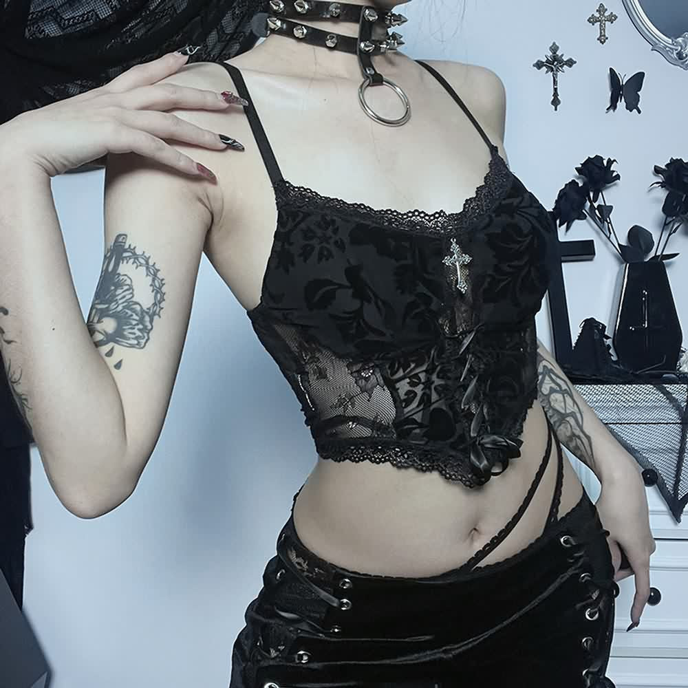 Gothic Sheer Mesh Lace Cami Crop Top