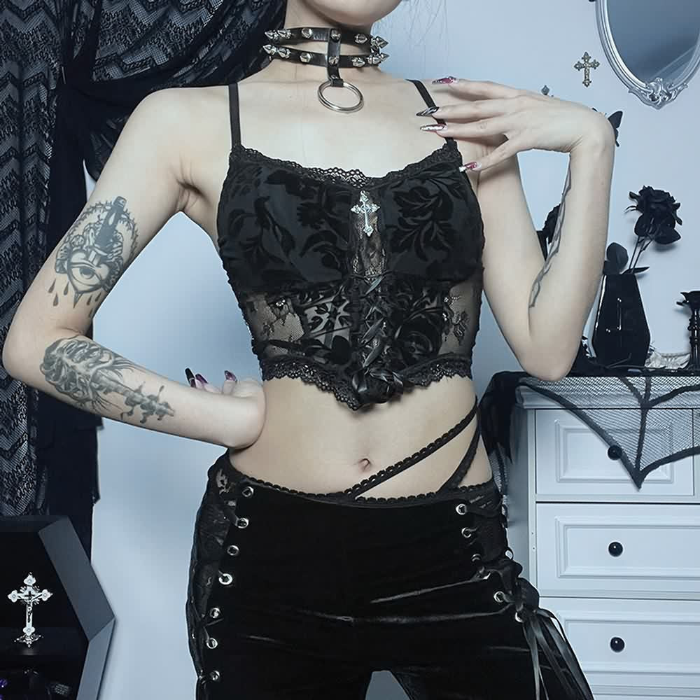 Gothic Sheer Mesh Lace Cami Crop Top