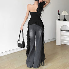 Gothic Sheer Mesh Off The Shoulder Asymmetrical Top