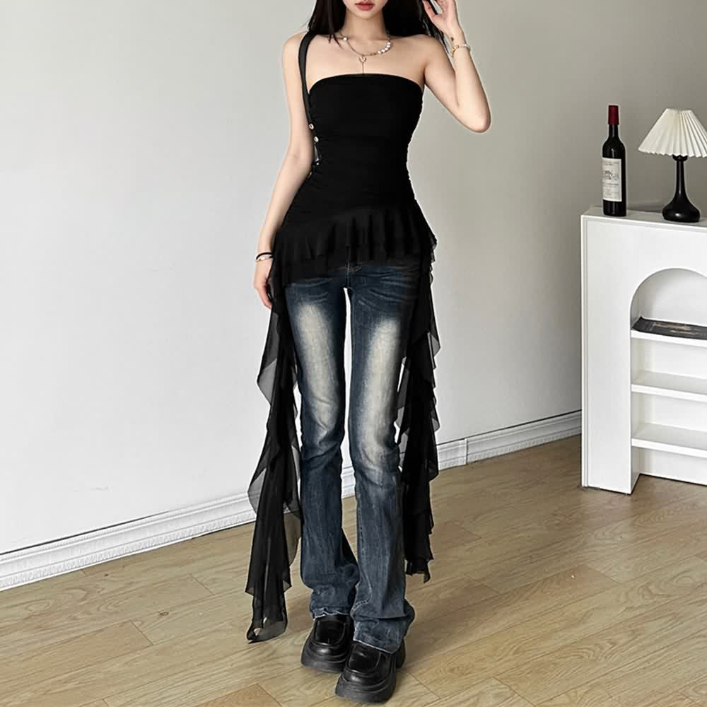 Gothic Sheer Mesh Off The Shoulder Asymmetrical Top