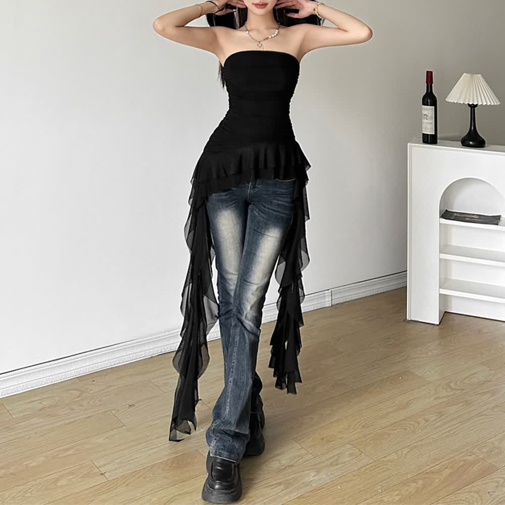 Gothic Sheer Mesh Off The Shoulder Asymmetrical Top