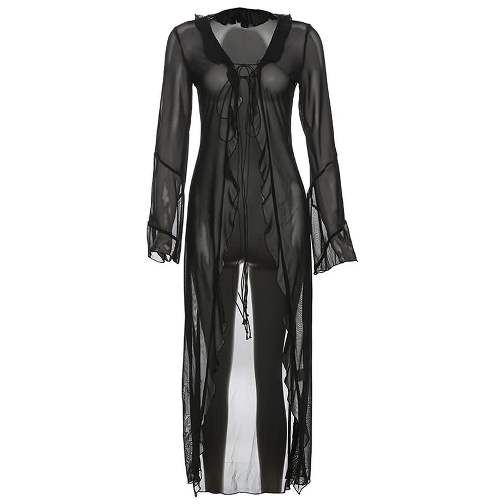 Gothic Sheer Mesh Ruffle Longline Cardigan