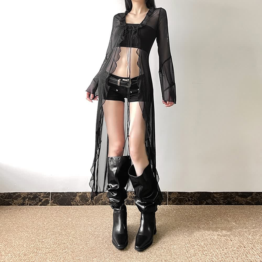 Gothic Sheer Mesh Ruffle Longline Cardigan