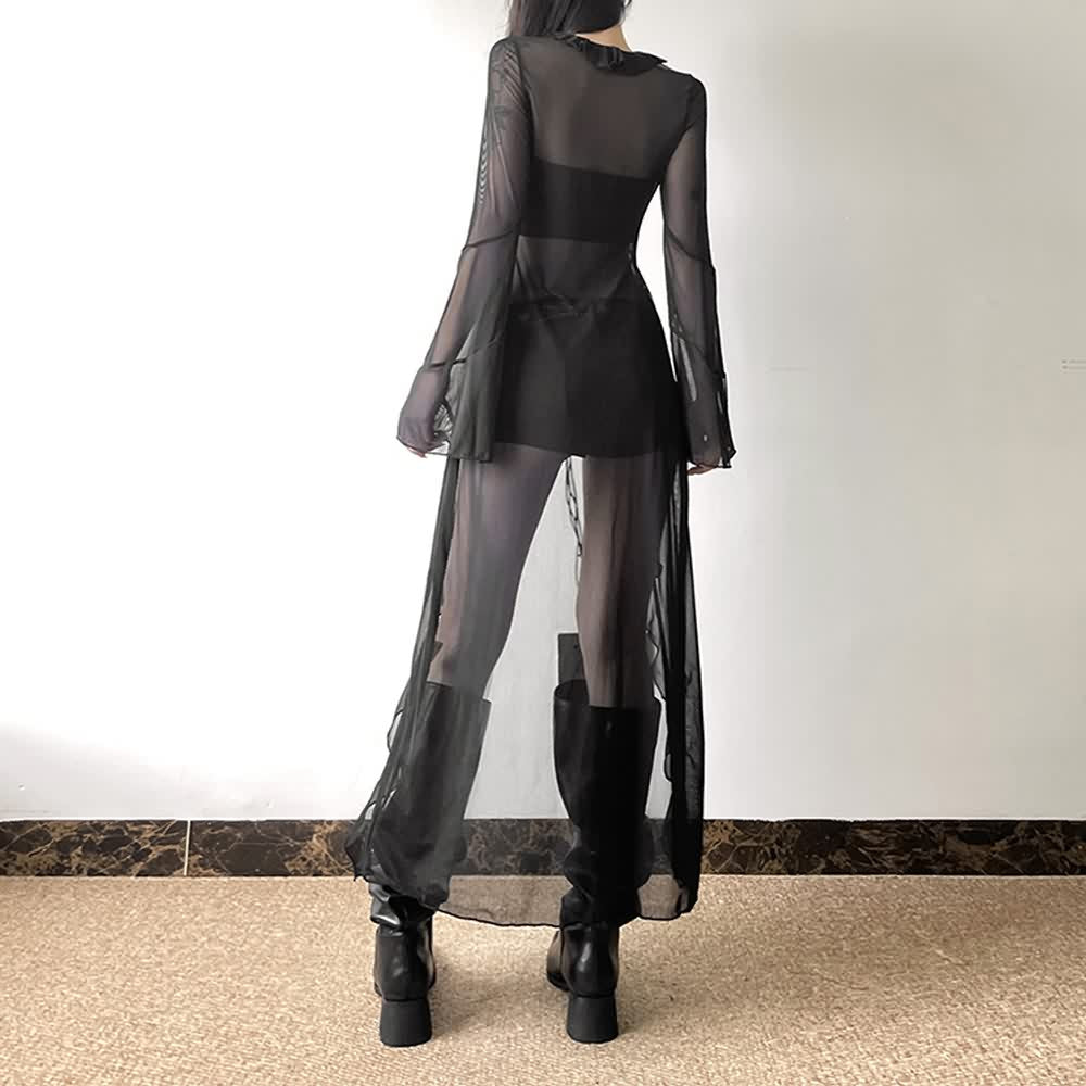 Gothic Sheer Mesh Ruffle Longline Cardigan