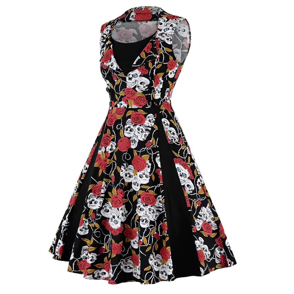 Magnificent Gothic Skull Rose Pattern Sleeveless Party Long Dress