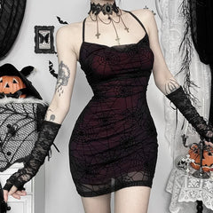 Gothic Spider Web Mesh Overlay Backless Mini Dress